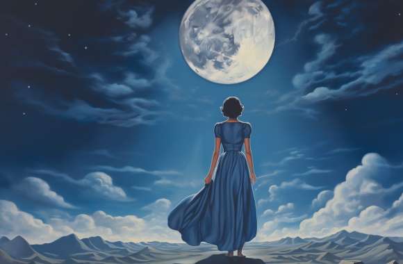 Moonlit Serenity Elegant Woman in Blue Dress - wallpapers hd quality