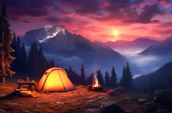 Mountain Camping Bonfire