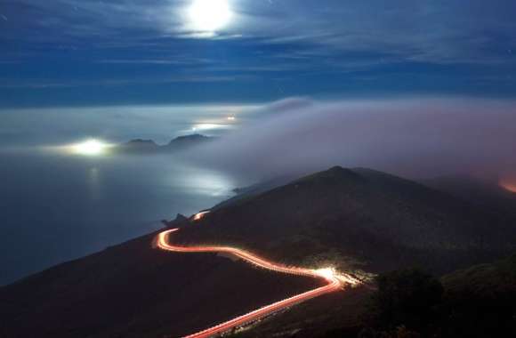 Mountain Road Night Landscape Fog Photography Time Lapse wallpapers hd quality