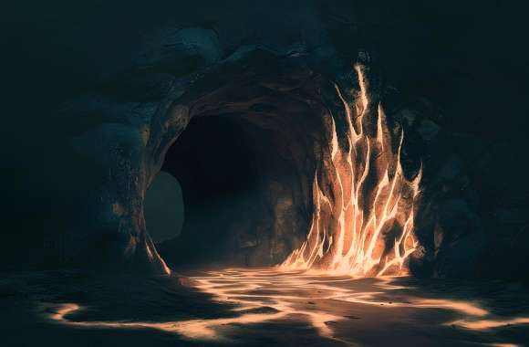 Mysterious cave with glowing lava streams