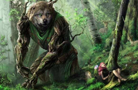 Mystic Forest Giant Wolf & Deer Fantasy