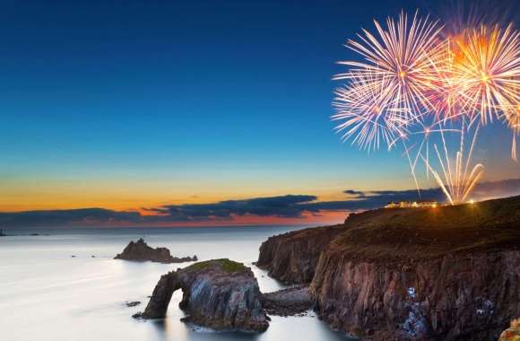 Night Ocean Horizon Coastline Sky Arch Photography Fireworks