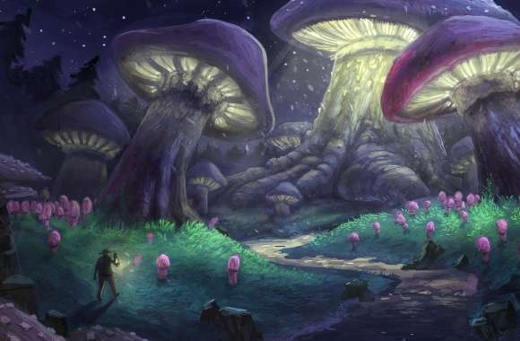 Night Purple Mushroom Forest Artistic Fantasy