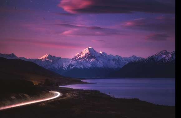 Night Sky Mountain Road Lake Time Lapse Photography Landscape wallpapers hd quality