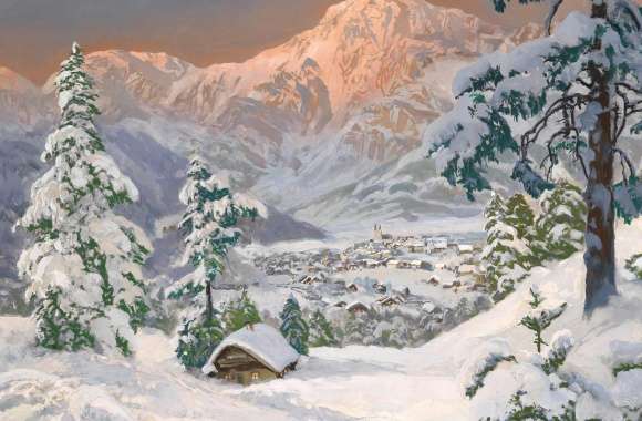 Painting Village Snow Winter Artistic Landscape