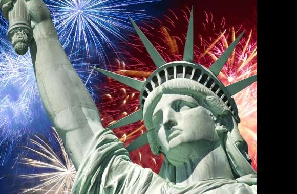 Patriotic Statue Of Liberty Fireworks Holiday 4th Of July Wallpaper