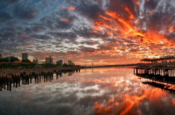 Pier City Sunset Photography Reflection wallpapers hd quality