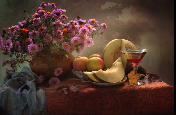 Pink Flower Flower Bouquet Glass Melon Apple Photography Still Life