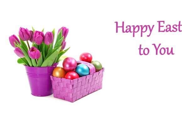 Pink Flower Happy Easter Purple Tulip Basket Holiday Easter