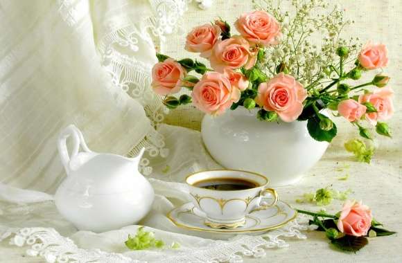 Pink Flower Pitcher Vase Saucer Cup Rose Flower Photography Still Life