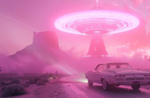 Pink Sci-Fi Aesthetic with Classic Car and UFO