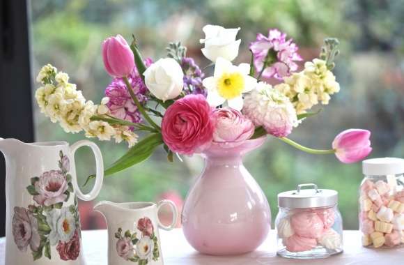 Pitcher Carnation Ranuncula Marshmallow Daffodil Vase Tulip Bouquet Photography Still Life wallpapers hd quality