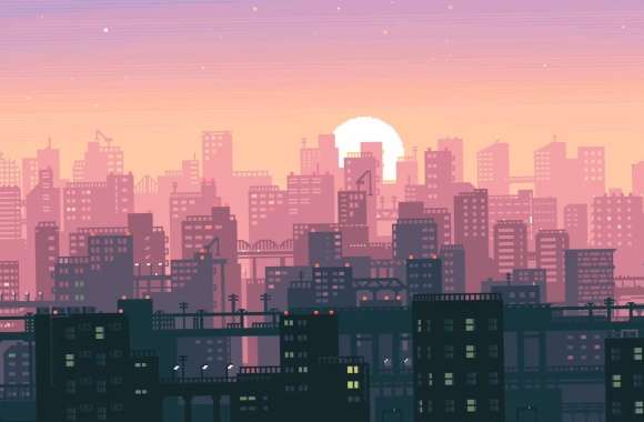 Pixel Art City Sunset -