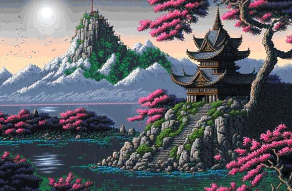 Pixel Art Serenity HD Oriental Landscape Wallpaper