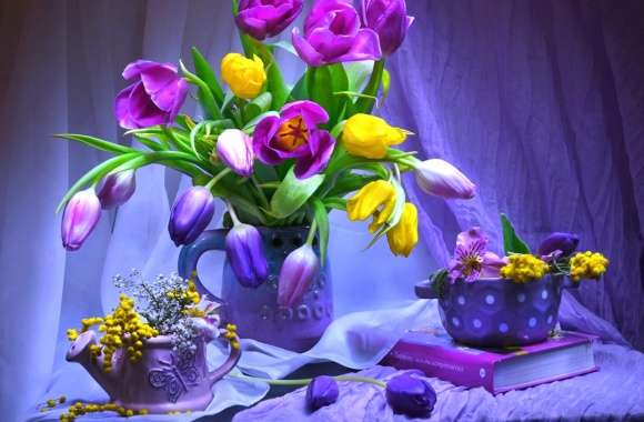 Purple Flower Yellow Flower Purple Book Pitcher Colorful Colors Tulip Photography Still Life