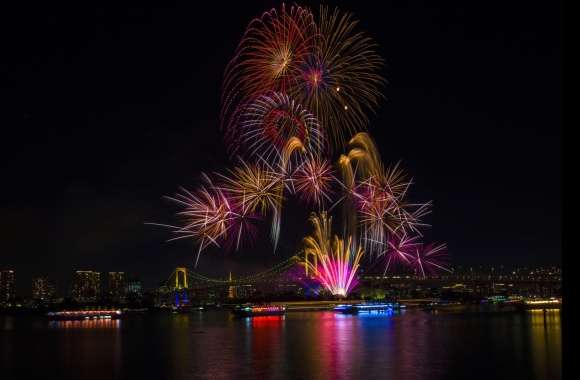 Rainbow Bridge Bridge Japan Tokyo Night Photography Fireworks