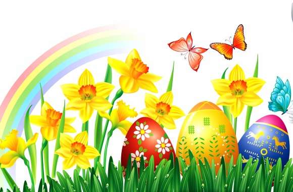 Rainbow Butterfly Daffodil Colorful Easter Egg Grass Bunny Holiday Easter