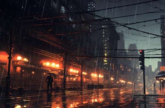 Rainy Cityscape - Glistening Raindrops