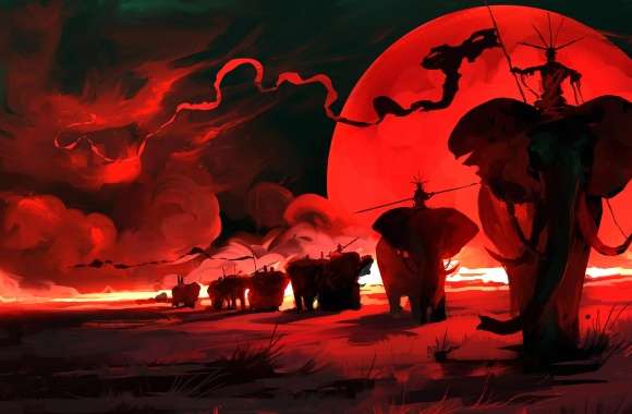 Red Moon Elephants Fantasy -