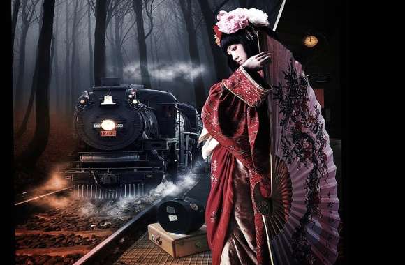 Red Tree Dark Clock Oriental Train Woman Asian Wallpaper
