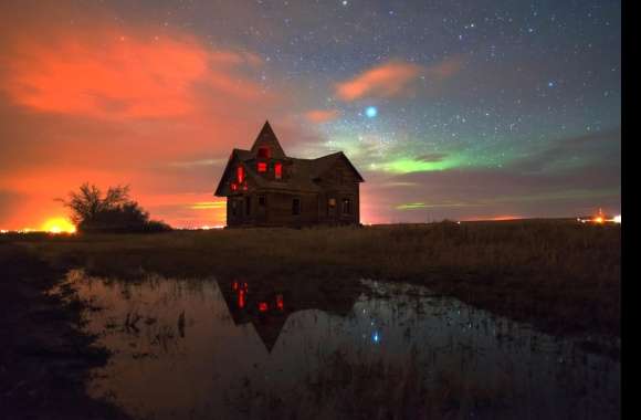 Reflection Pond Aurora Borealis Sunset Night Dark Abandoned Man Made House