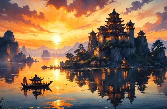 Reflection Sunset Boat Fantasy Castle AI Art wallpapers hd quality