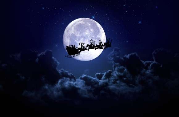 Reindeer Sleigh Cloud Night Moon Santa Silhouette Holiday Christmas