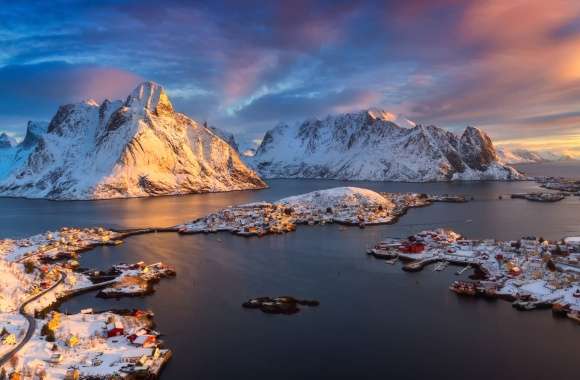 Reine Mountain Lake Snow Winter Town Norway Photography Lofoten