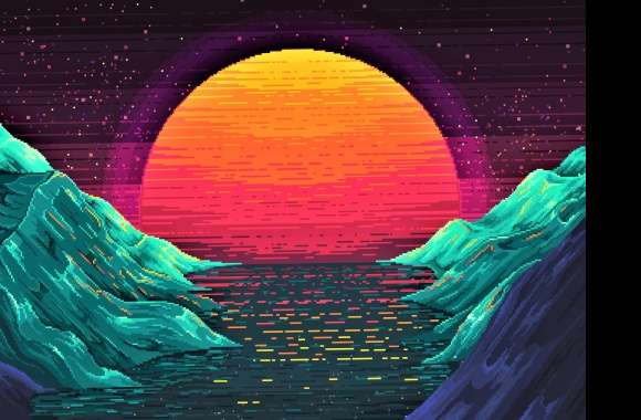 Retro Wave Mountain Sunset - HD Pixel Art Wallpaper