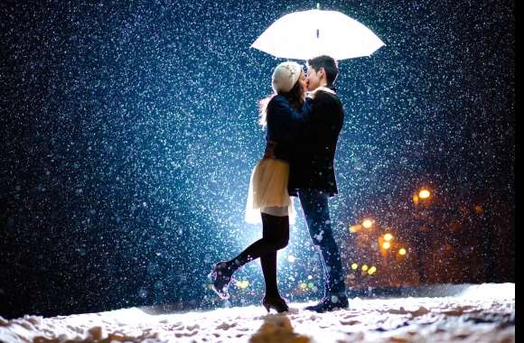 Romantic Evening Kiss in Snow - wallpapers hd quality