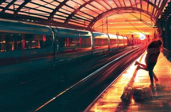 Romantic Sunset at Train Station