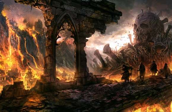 Ruin Dark Knight Wizard Lava Skeleton Skull Fantasy People Wallpaper
