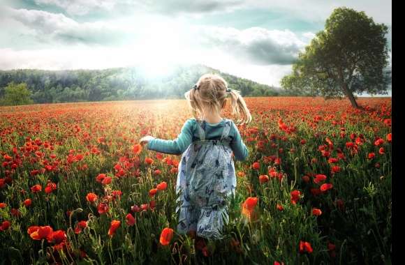 Running Free A Little Girl in a Poppy Field -