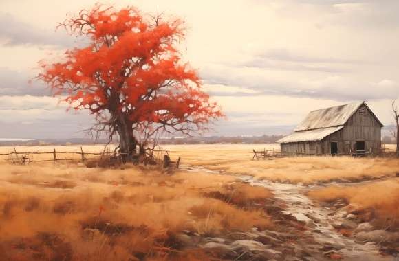 Rustic Barn and Vibrant Tree