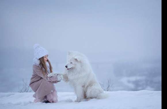 Samoyed Hat Snow Depth Of Field Winter Dog Little Girl Photography Child