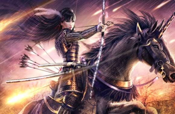Samurai Archer Woman on Horse - HD Fantasy Wallpaper