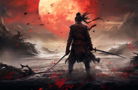 Samurai with a Red Full Moon Wallpaper