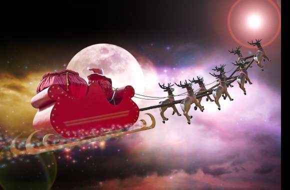 Santa Sleigh Reindeer Moon Night Holiday Christmas