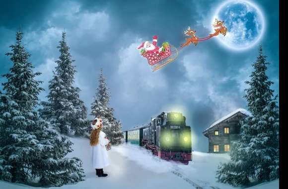Santa Winter Train Tree Child Little Girl Moon Sleigh Holiday Christmas