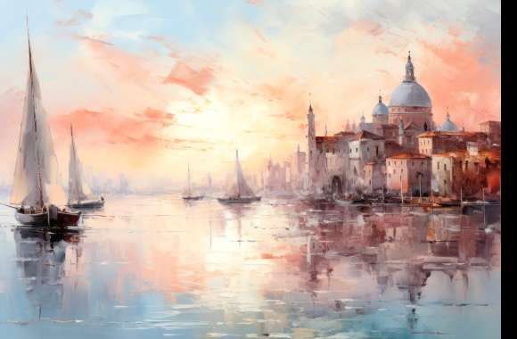 Sea Sunset Impressionism Harbor Venice Artistic Oil Painting