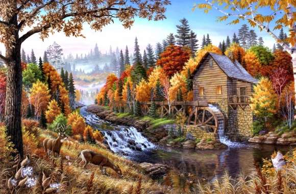 Serene Autumn Watermill -