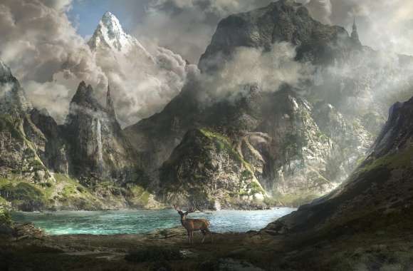Serene Fantasy Landscape of Lake, Deer, and Mountains