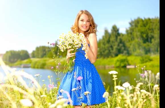 Smiling Blonde in Blue Dress with Flowers -