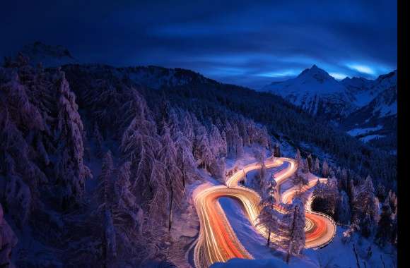 Snow Mountain Forest Winter Road Landscape Night Photography Time Lapse wallpapers hd quality