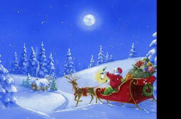 Snow Sleigh Reindeer Santa Holiday Christmas Wallpaper