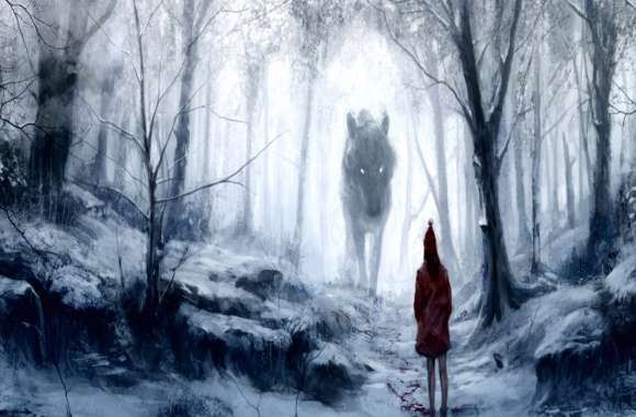 Snowy Encounter - Fantasy Wolf & Red Riding Hood wallpapers hd quality