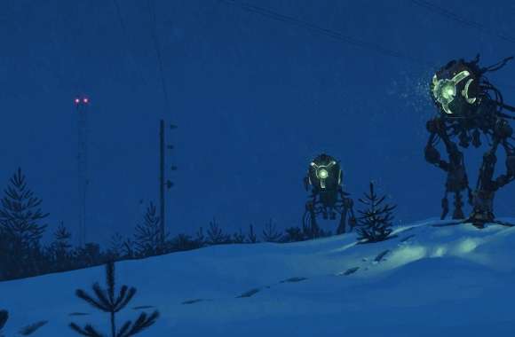 Snowy Night Sci-Fi Robots in Enigmatic Silence wallpapers hd quality