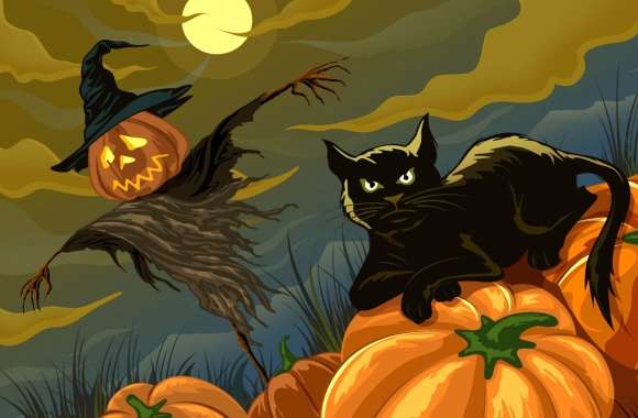 Spooky Halloween Pumpkins, Scarecrows, and Cats