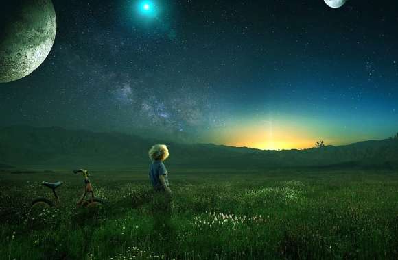 Star Planet Bicycle Field Little Boy Photoshop Photography Manipulation