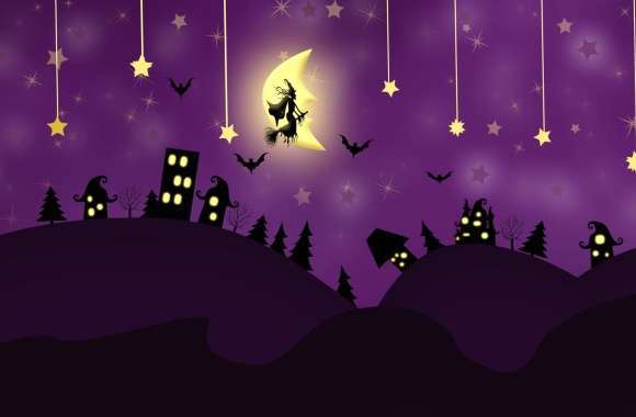 Star Silhouette Witch Purple Holiday Halloween wallpapers hd quality